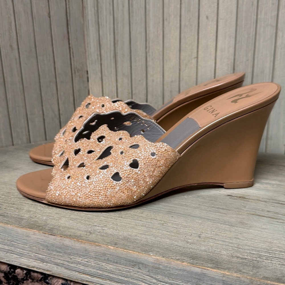 Flawless Gina Champagne Glitter Cutout Wedge Slide Made in England 6